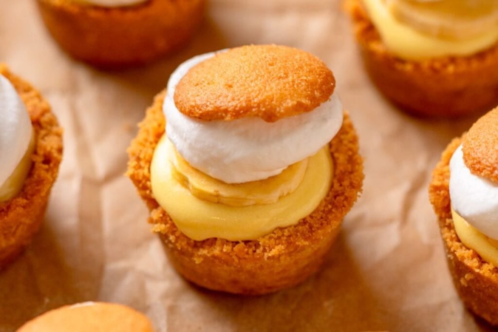 Banana cream pie close up shot.