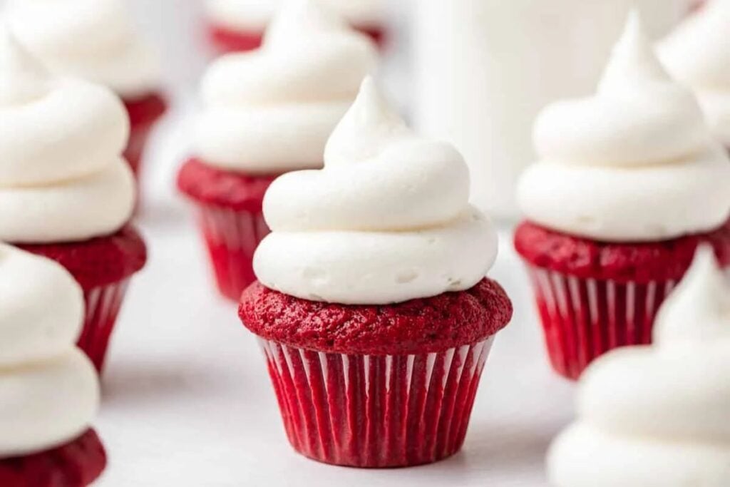 Close up shot of red velvet cupcakes.