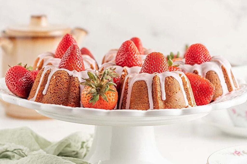 Strawberry bundt cake close up shot.
