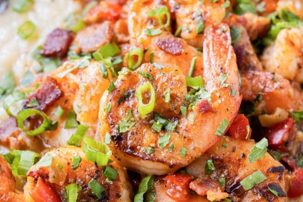 Close up shot of shrimp and grits.