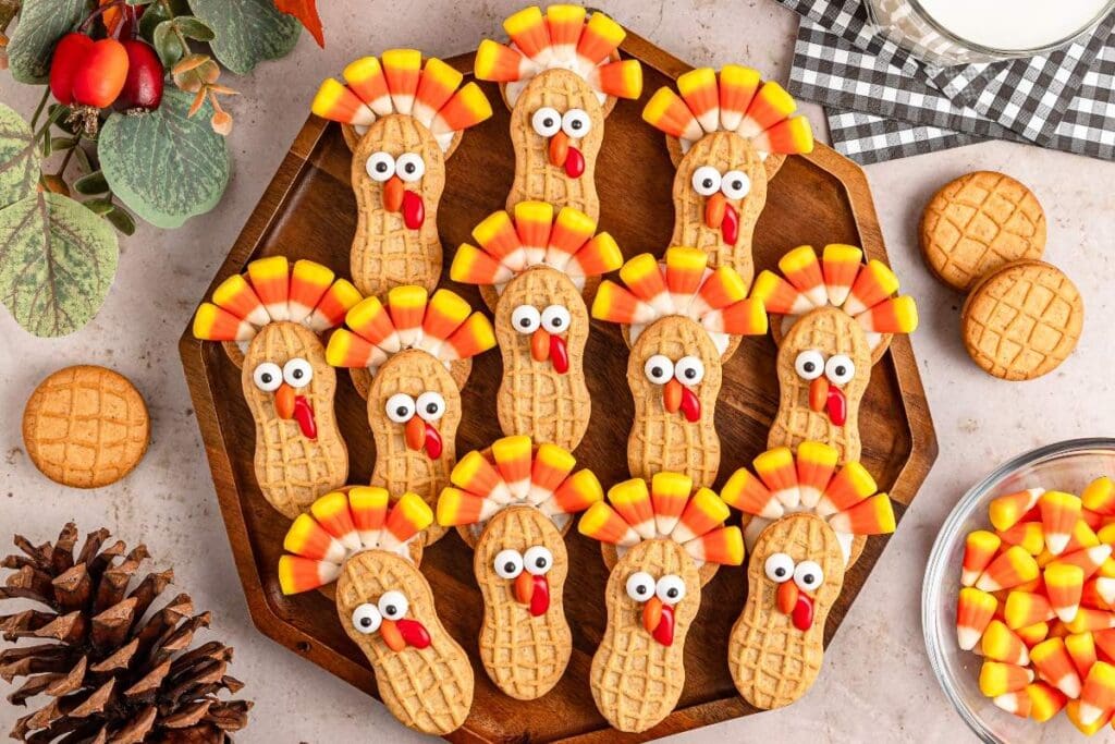 Nutter butter turkey cookies on a plate.