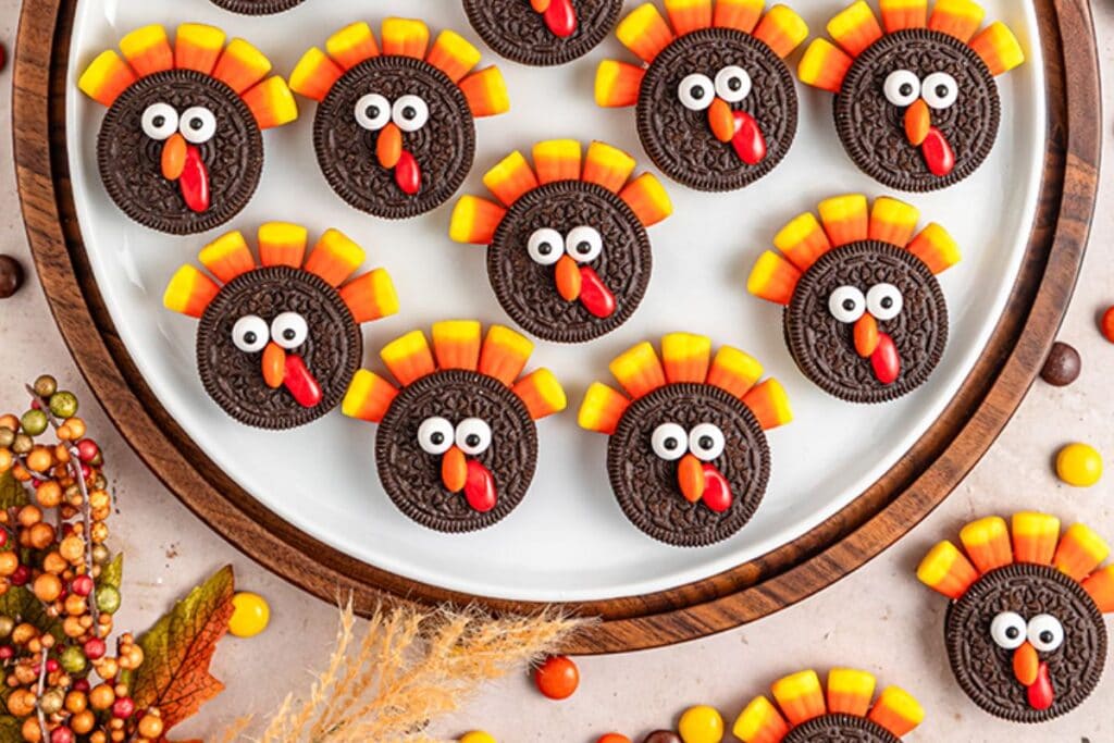 Oreo turkey cookies on a plate.