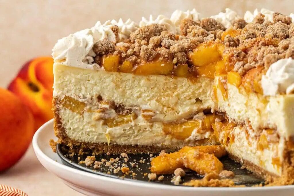 Close up shot of peach cobbler cheesecake.