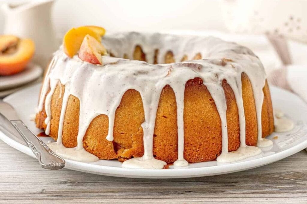 Close up shot of peach cobbler pound cake.