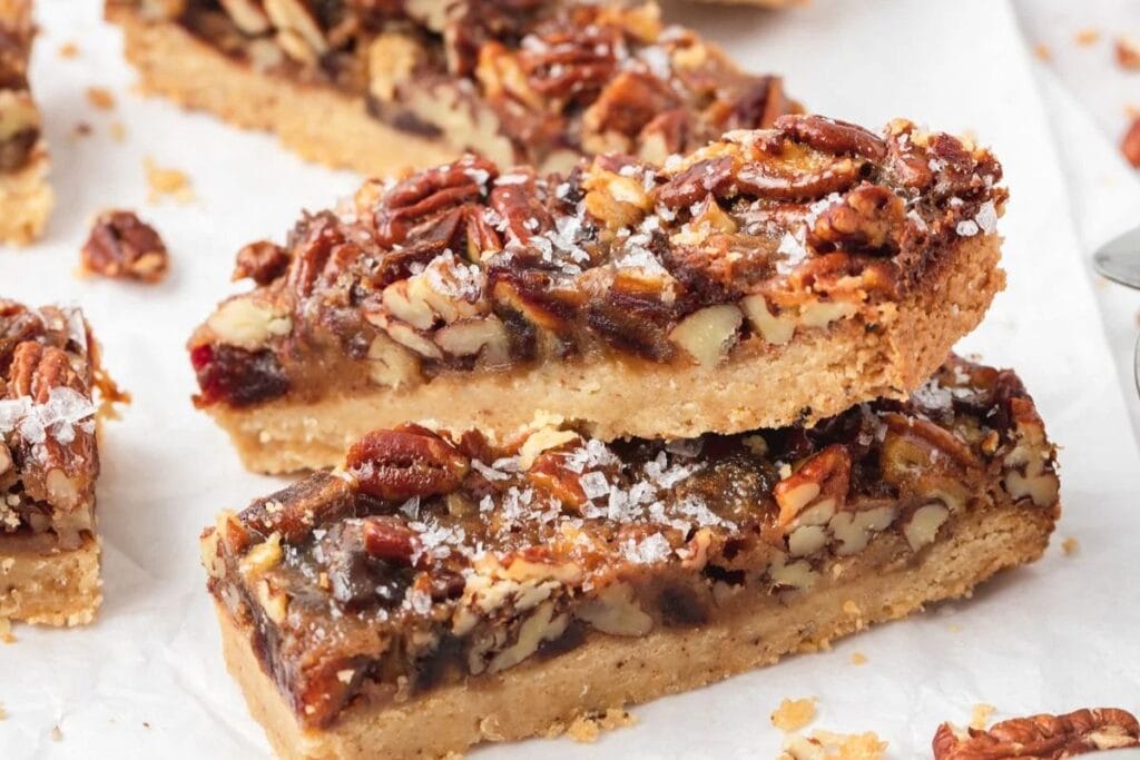 Pecan pie cookie bars close up shot.