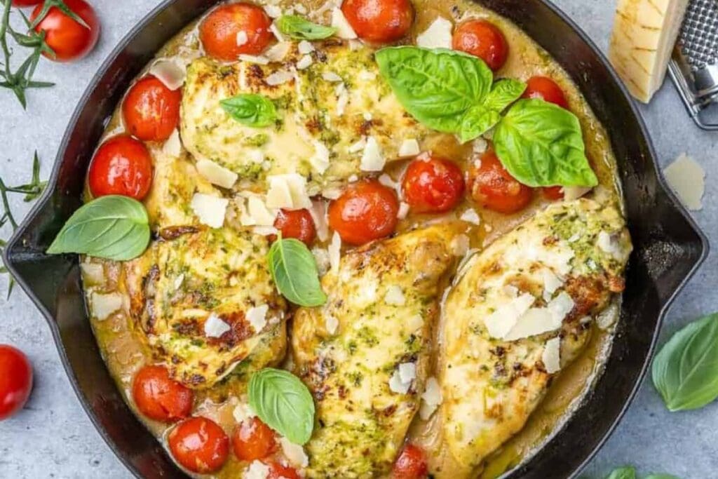 Close up shot of pesto chicken.