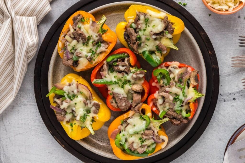 A close up shot of stuffed peppers.