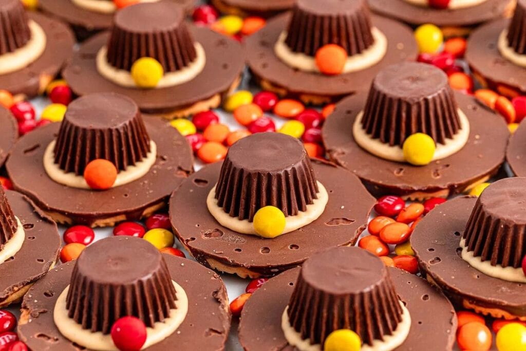Close up shot of pilgrim hat cookies.