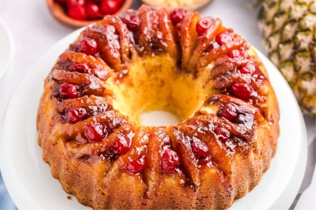 A close up shot of pineapple upside down bundt cake.