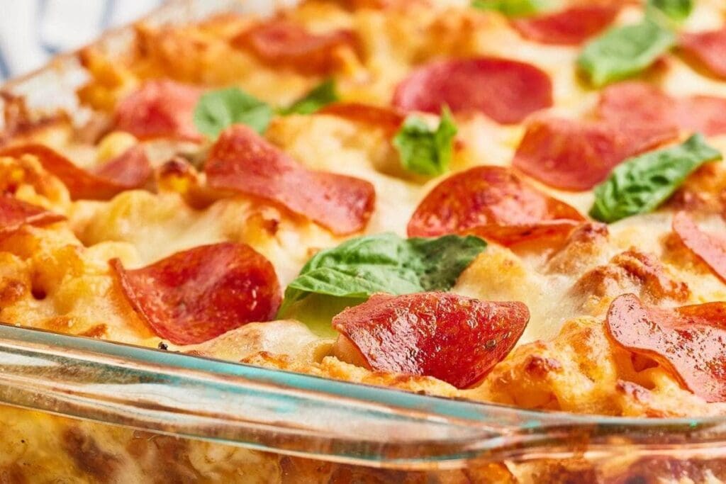 A close up shot of pizza casserole.
