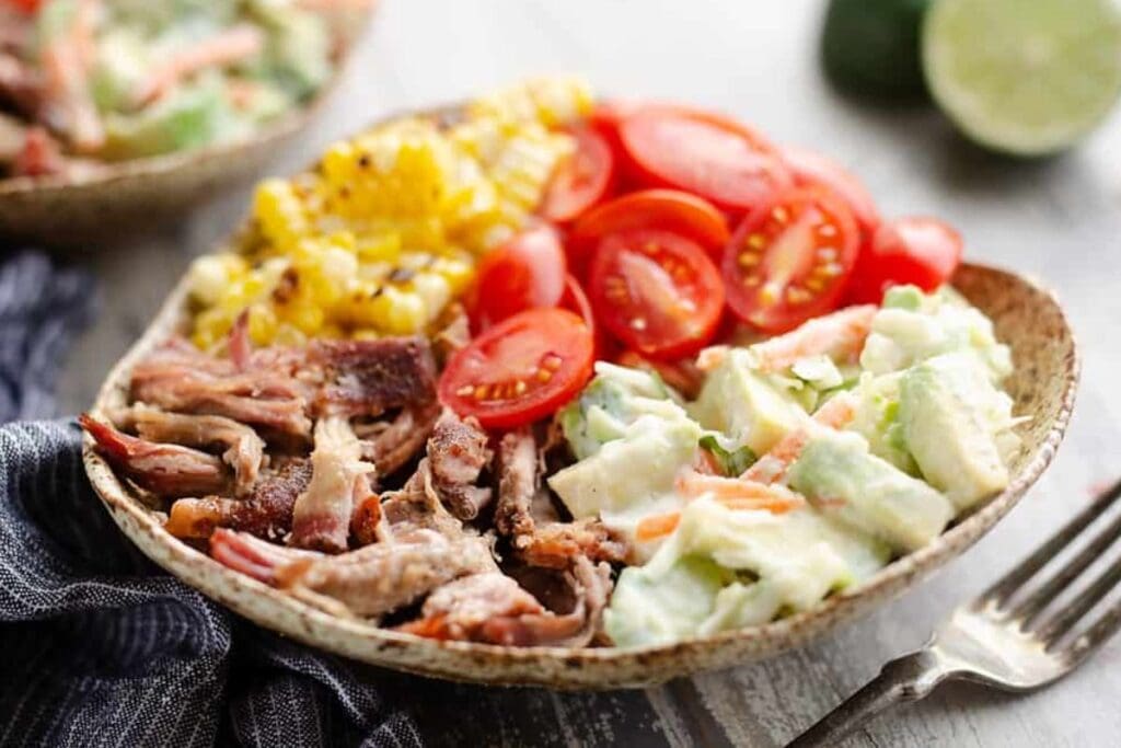 Pulled pork bowl close up shot.