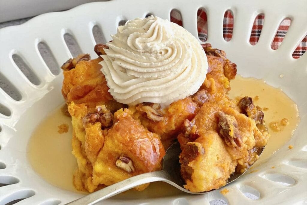 A close up shot of pumpkin brioche bread pudding.