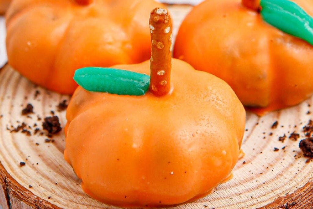 Close up shot of Oreo pumpkin meatballs.