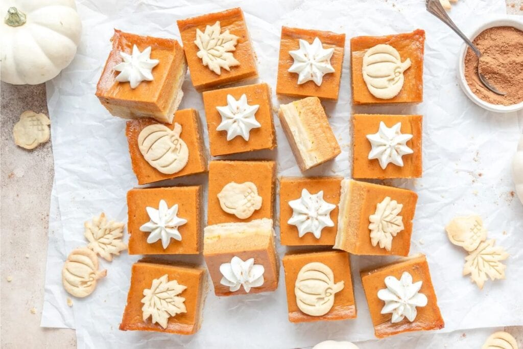 Pumpkin pie bars close up shot.