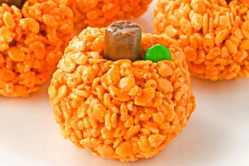 Close up shot of pumpkin rice krispie treats.
