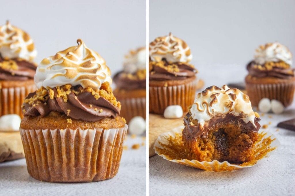 Collage of pumpkin s'mores cupcakes.