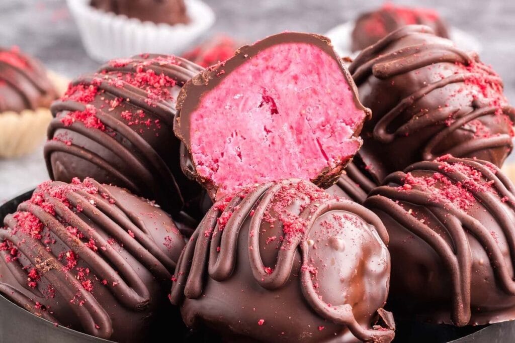 Raspberry truffles close up shot.