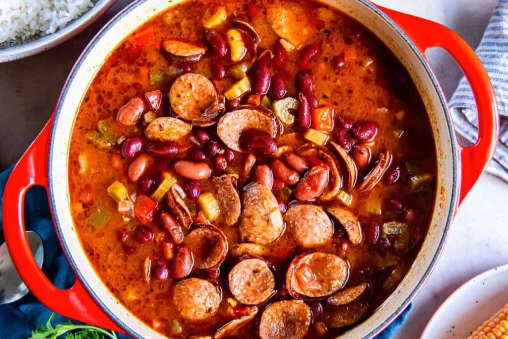 Red beans and rice in a pot.