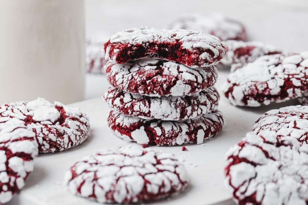 Stacks of red velvet cookies.