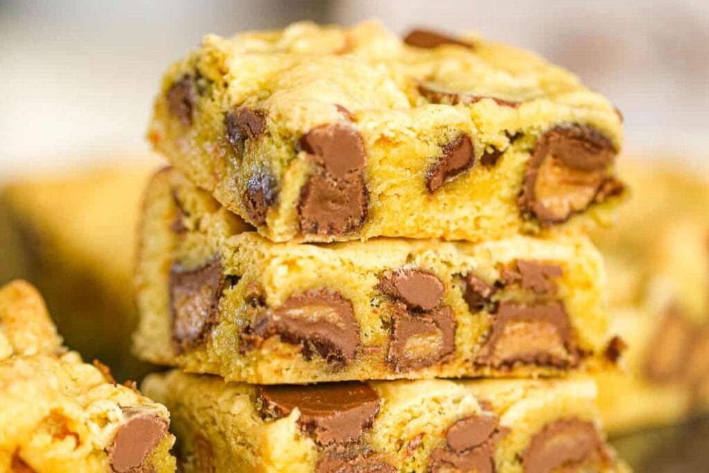Close up shot of cookie bars with chooclate chips.