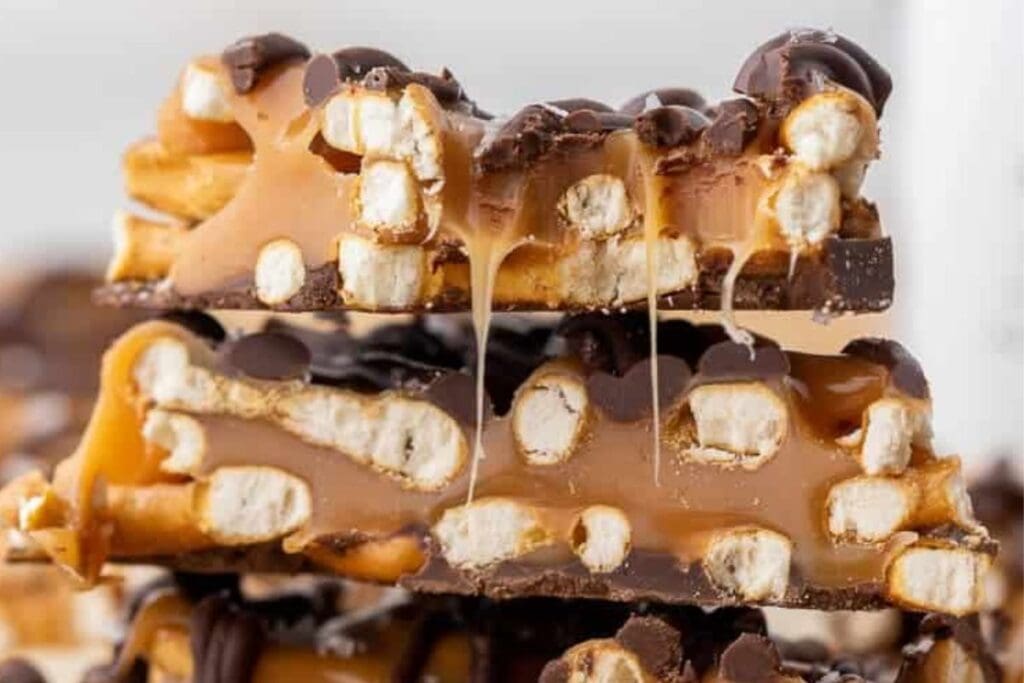 Close up shot of salted caramel pretzel bark.