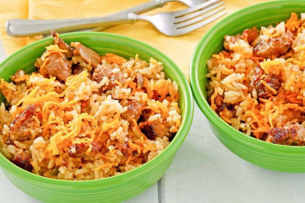 Two bowls of sausage and rice casserole.
