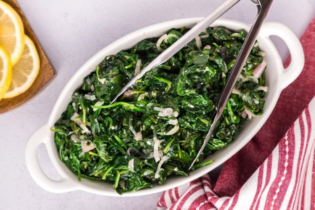 Sauteed spinach close up shot.