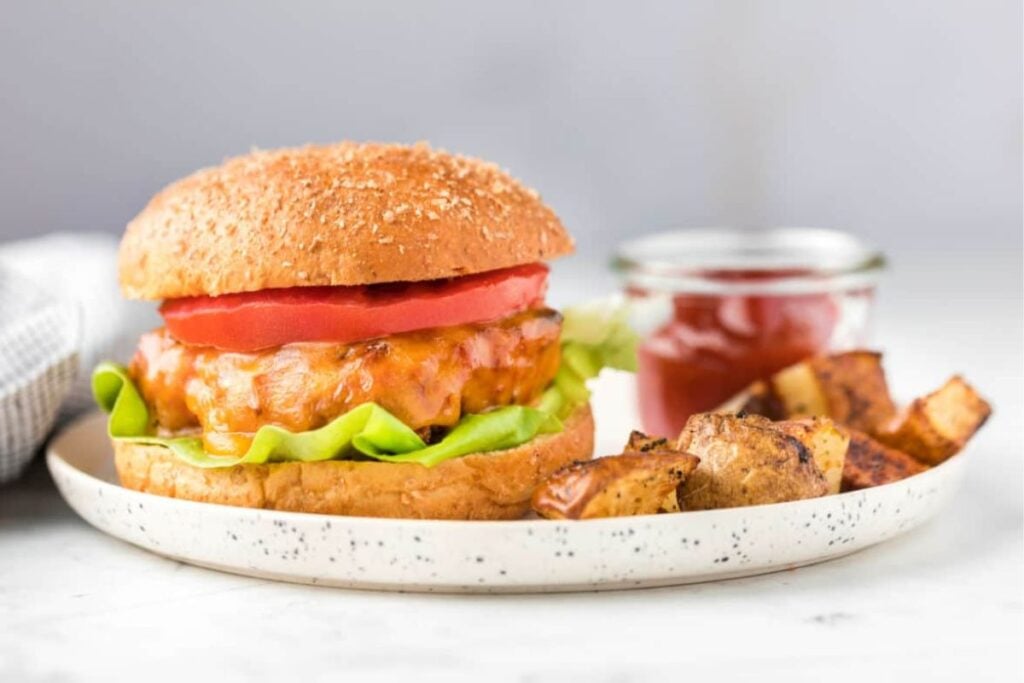 Turkey burger close up shot.