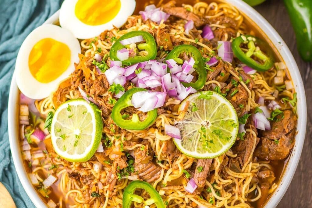 Close up shot of birria ramen.