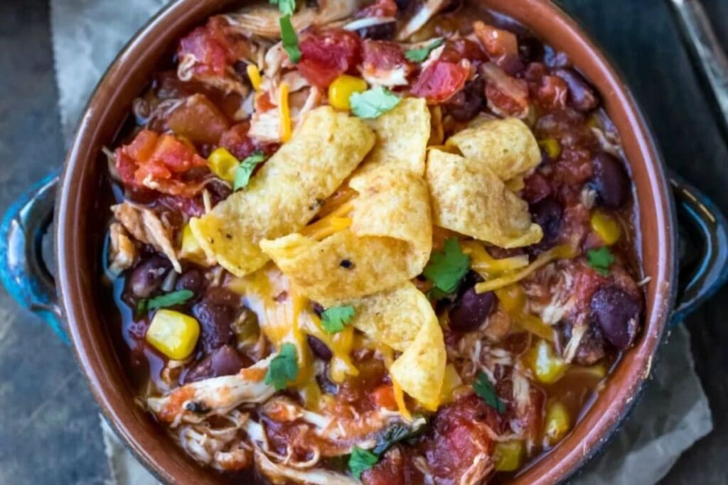 Chicken frito chili in a bowl.