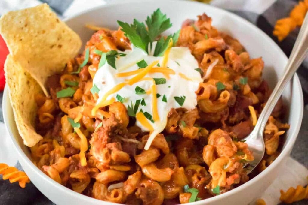 A bowl of chili mac.