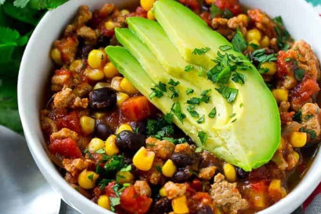 A bowl of turkey chili.