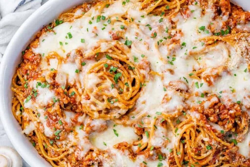 A close up shot of spaghetti casserole.
