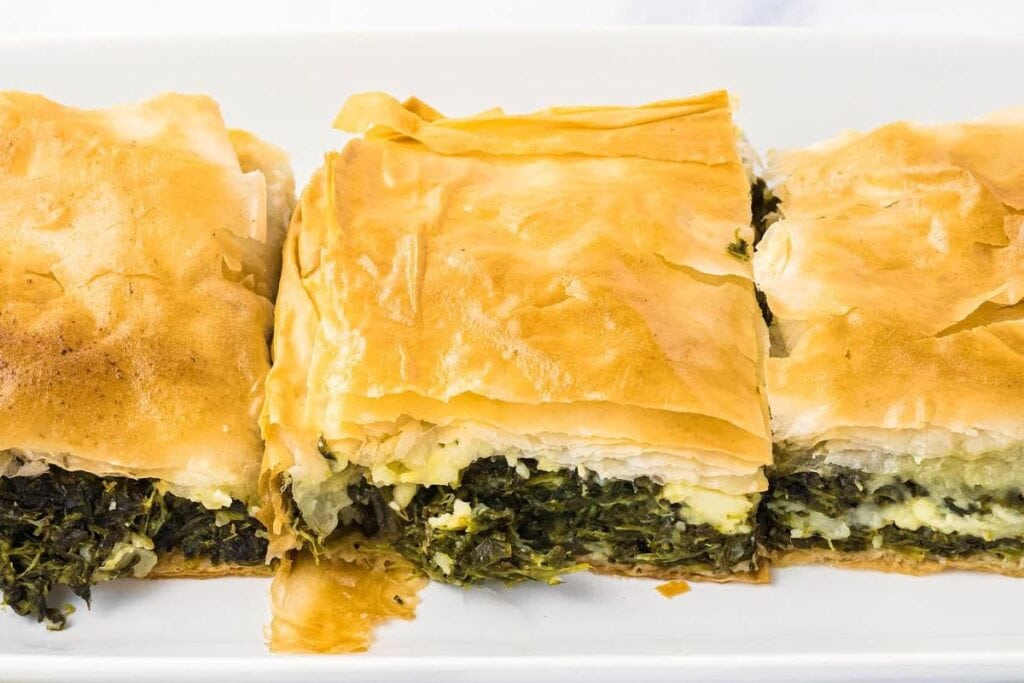 A close up shot of spanakopita.
