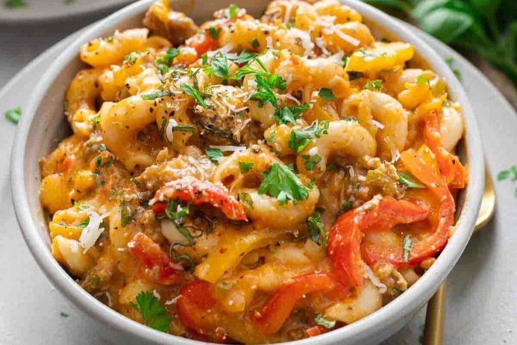 Sausage pepper pasta in a bowl.