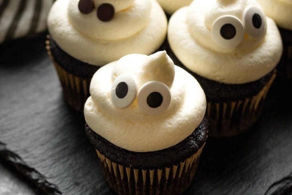 Close up shot of ghost cupcakes.