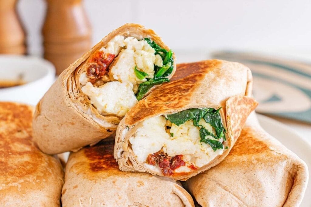 A close up shot of spinach feta wrap.