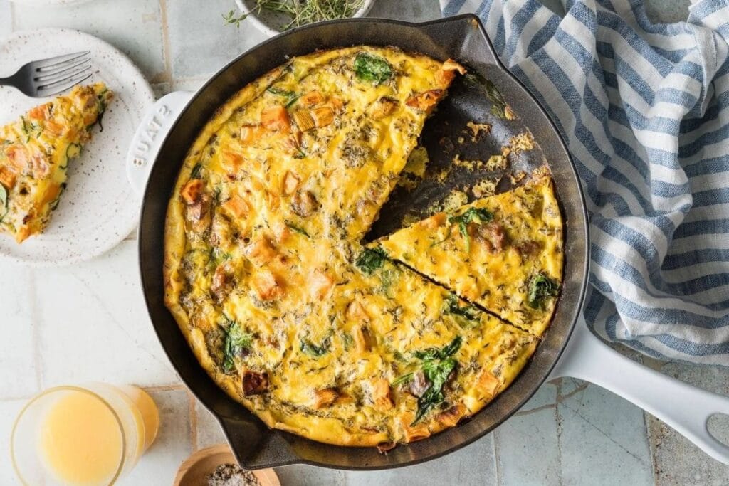 Sweet potato fritata with sausage in cast iron.
