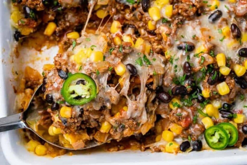 Taco casserole close up shot.