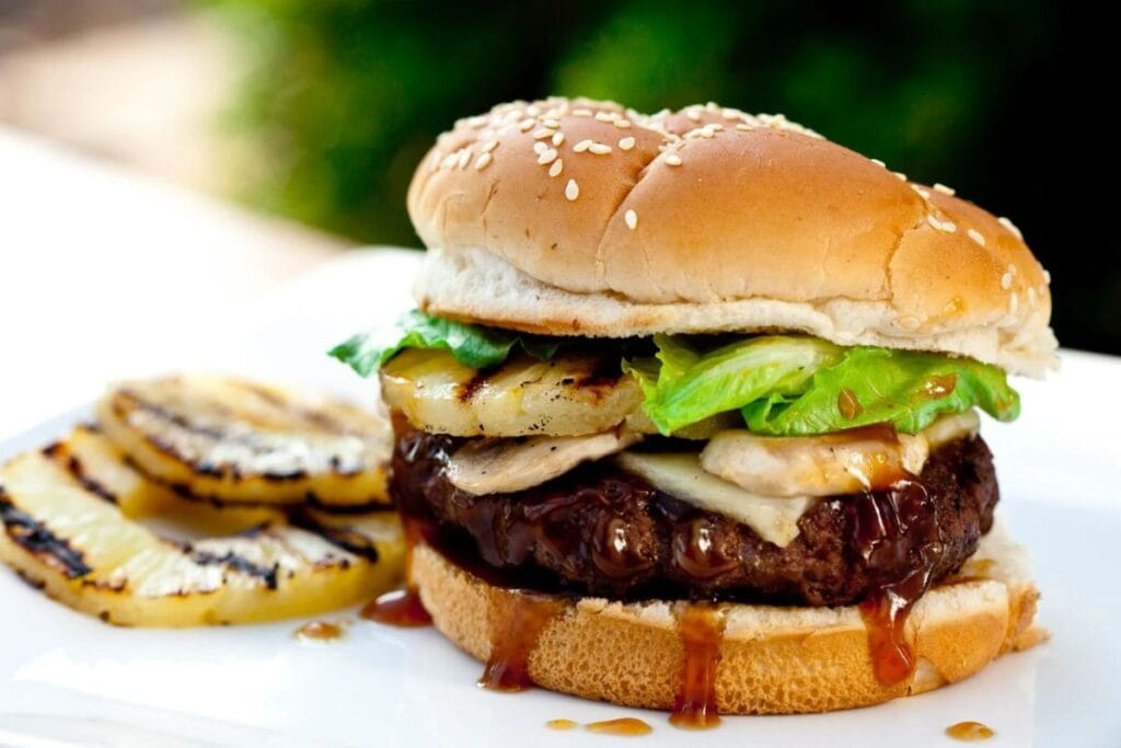 Close up shot of teriyaki burgers.