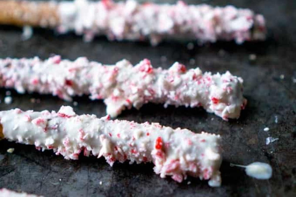 Close up shot of white chocolate candy pretzel.