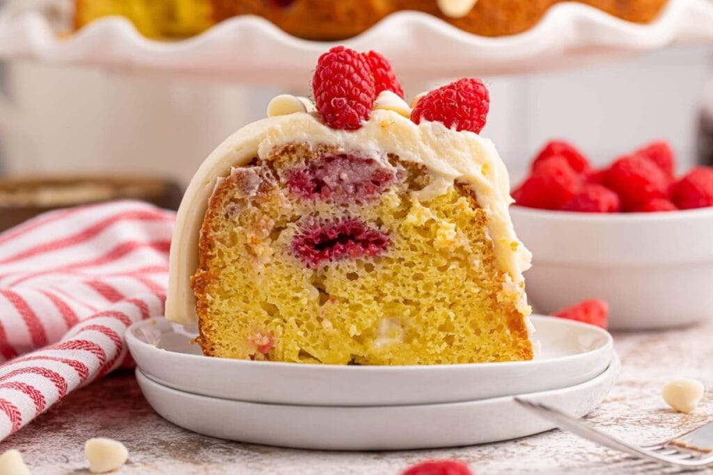 A slice of raspberry bundt cake.