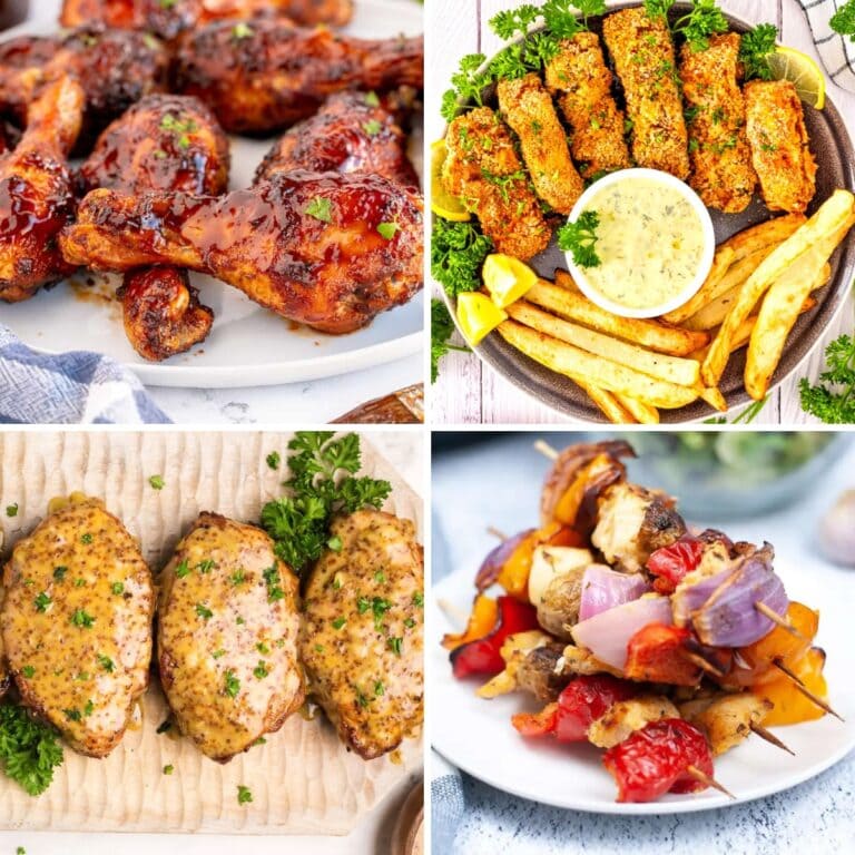 Collage of various air fryer dinners.