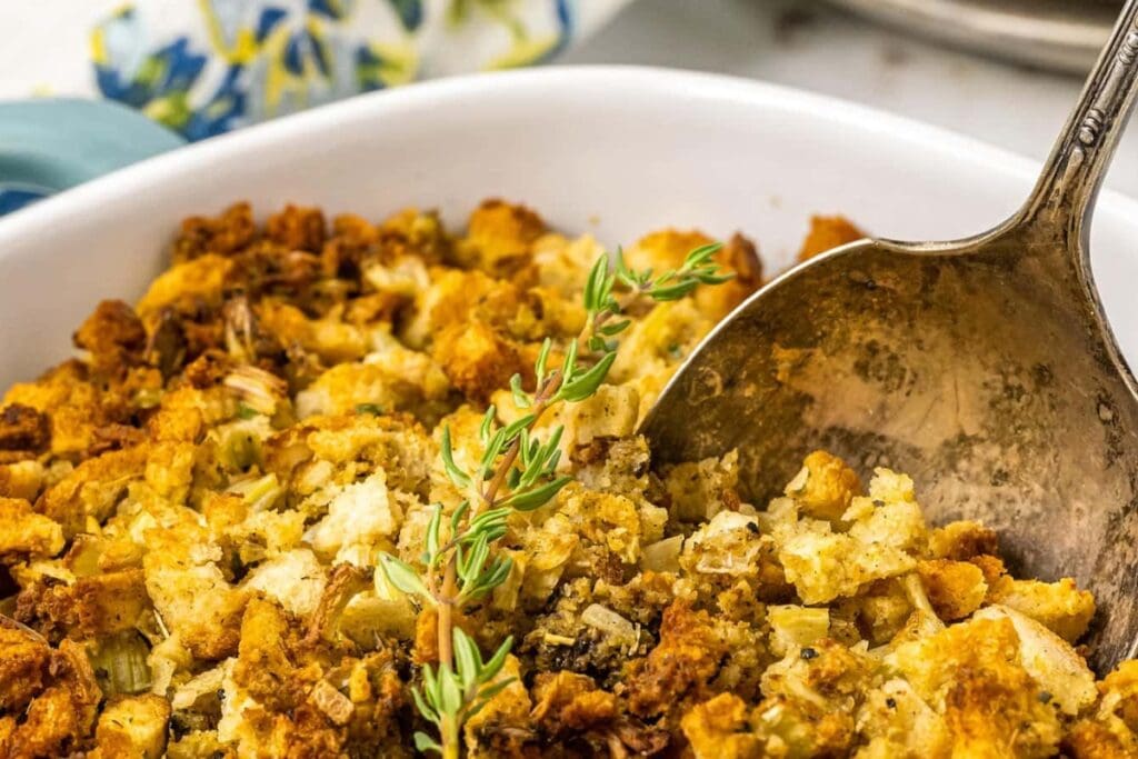 Air fryer stuffing in a white baking dish.