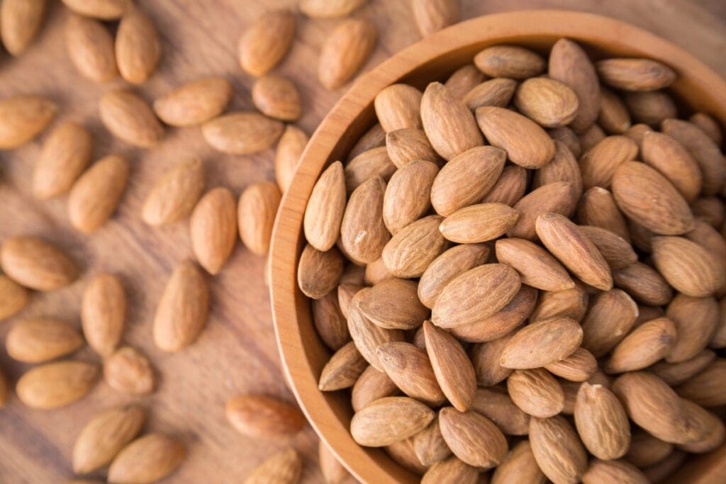 Almonds in a wooden bowl.