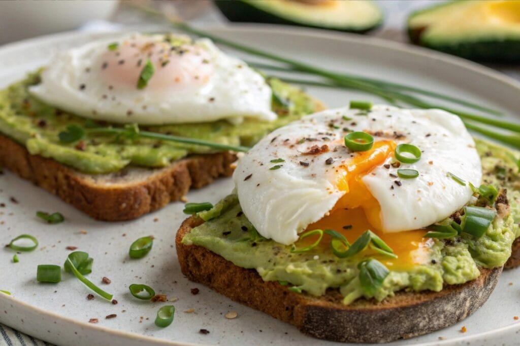 Avocado toast topped with eggs on a plate.