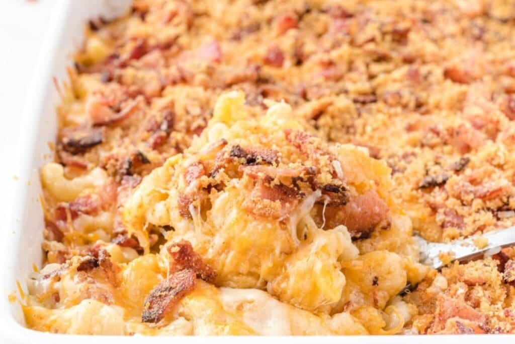 Bacon mac and cheese in a baking dish.