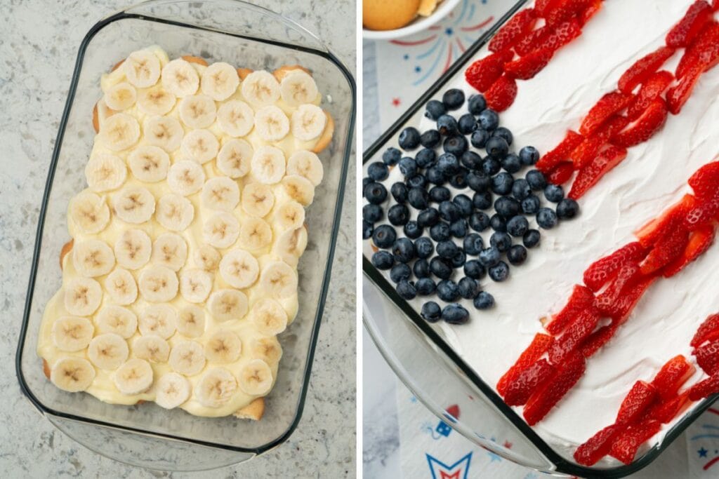 Banana pudding icebox cake topped with bananas and decorated with fruit flag