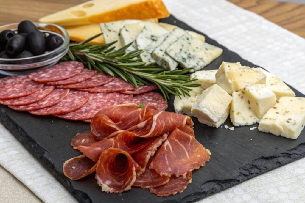 Black slate board with sliced deli meats and cheese.