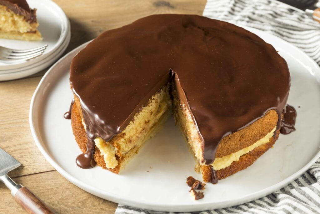 Boston cream pie on a plate.